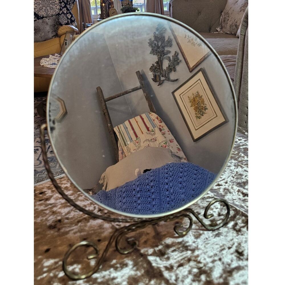 Mid-Century Modern Round Swivel Table Mirror with Scroll Base 10" Mirror